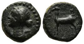 KINGS OF CAPPADOCIA. Ariarathes X Eusebes Philadelphos (42-36 BC). Ae. Eusebeia under Mt. Argaios.
Obv: Draped bust of Artemis left.
Rev: ΒΑΣΙΛΕΩΣ / Α...