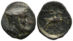 KINGS of CAPPADOCIA. Ariaramnes (280-230 BC). Ae.
Obv : Head right, wearing bashlyk.
Rev : Horseman galloping right, hurling spear; symbol in left fie...
