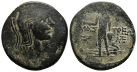 PAPHLAGONIA. Amastris.(Circa 105-85 BC).Ae.
Obv : Helmeted head of Athena right.
Rev : AMAΣ TPEΩΣ.
Perseus standing left, holding harpa and head of Me...