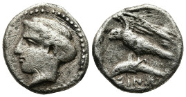 PAPHLAGONIA.Sinope.(Circa 330-300 BC).Drachm.
Obv : Head of nymph left, with hair in sakkos, aphlaston to left.
Rev : ΣINΩ.
Sea-eagle standing left, w...