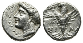 PAPHLAGONIA.Sinope.(Circa 330-250 BC).Hemidrachm.
Obv : Head of nymph left, with hair in sakkos.
Rev : ΣΙ - ΝΩ.
Eagle facing, head left, wings display...