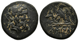 PONTOS.Amisos.(100-85 BC).Ae.

Obv : Laureate head of Zeus right.

Rev : AMIΣOY.
Eagle standing left on thunderbolt, head right; star above; in left f...