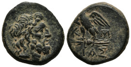 BITHYNIA.Dia.(Circa 85-65 BC).Ae.
Obv : Laureate head of Zeus to right.
Rev : ΔΙΑΣ.
Eagle standing left on thunderbolt, head right; monograms to left ...