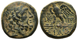 BITHYNIA.Dia.(Circa 85-65 BC).Ae.
Obv : Laureate head of Zeus to right.
Rev : ΔΙΑΣ.
Eagle standing left on thunderbolt, head right; monograms to left ...