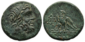 BITHYNIA.Dia.(Circa 85-65 BC).Ae.
Obv : Laureate head of Zeus to right.
Rev : ΔΙΑΣ.
Eagle standing left on thunderbolt, head right; monograms to left ...