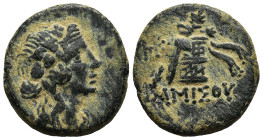 PONTOS.Amisos.Time of Mithradates VI.(Circa 105-90 or 90-85 BC).Ae.

Obv : Head of Dionysos right, wearing ivy wreath.

Rev : AMIΣOY.
Thyrsos leaning ...