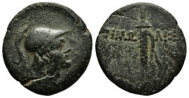 PAPHLAGONIA. Pimolisa. Time of Mithradates VI Eupator (111-105 or 95-90 BC). Ae.
Obv : Helmeted head of Ares right.
Rev : ΠIMΩ - ΛIΣH.
Sword in sheath...