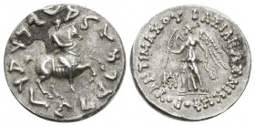 BAKTRIA. Antimachos II Nikephoros. Dracma. 160-155 a.C. Indo-Grecia. A/ Antimachos sobre caballo cabalgando a derecha y alrededor leyenda Karosthi. R/...