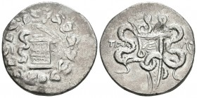 LYDIA, Tralleis. Cistophoro. 155-145 a.C. A/ Cista mística con una serpiente, rodeada de corona de yedra. R/ Arco entre serpientes, rodeado de corona ...