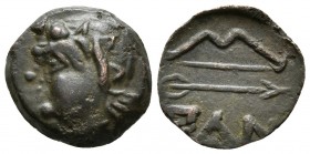 PANTIKAPAION. Ae15. 325-310 a.C. Bosporos. A/ Cabeza de sátiro sin barba a izquierda. R/ Arco sobre flecha, debajo nAN. MacDonald 116/1; SNG BM Black ...