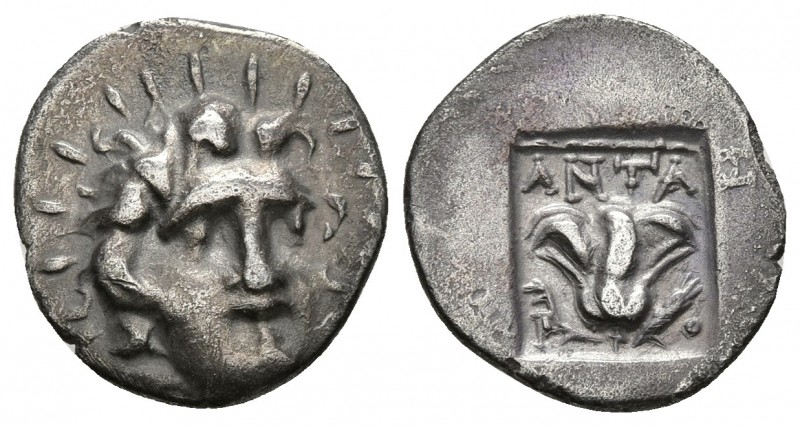 RHODOS, Rhodas. Hemidracma. 125-88 a.C. Antaios. A/ Cara de Helios radiada liger...