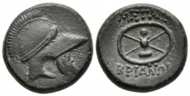 THRACIA, Mesembria. AE19. 300-250 a.C. A/ Casco a derecha. R/ Rueda con cuatro radios alredeor leyenda. SNG BM Black Sea 276var; SNG Stancomb 229.30; ...
