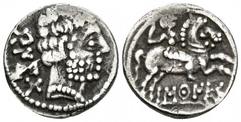 BASCUNES. Denario. 120-80 a.C. Pamplona. A/ Cabeza con barba a derecha, detrás l...