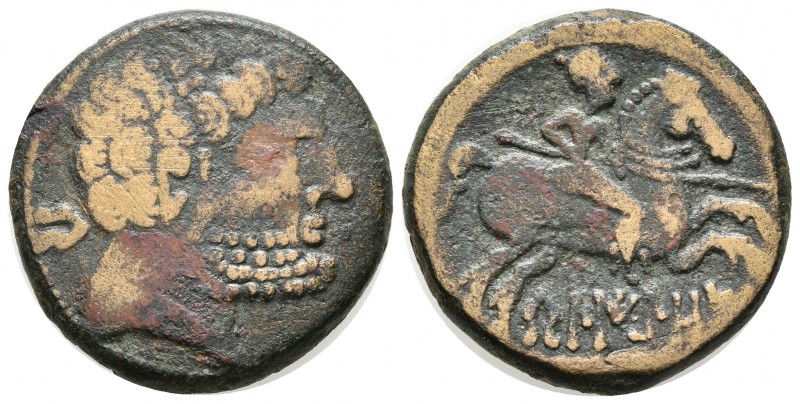 BELIGIOM. As. 120-20 a.C. Belchite (Zaragoza). A/ Cabeza barbada a derecha, detr...