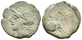 CARISA. Semis. 50 a.C. Bornos (Cadiz) A/ Cabeza masculina con casco a Izquierda. R/ Jinete con lanza y rodela a izquierda, debajo (CARISSA). FAB-451. ...