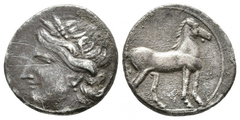 ZEUGITANIA. 1/4 Shekel. 220-205 a.C. Carthago. A/ Cabeza de Tanit a izquierda. R...