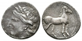 ZEUGITANIA. 1/4 Shekel. 220-205 a.C. Carthago. A/ Cabeza de Tanit a izquierda. R/ Caballo parado a derecha. SNG Copenhagen 335. Ar. 1,67g. MBC+.