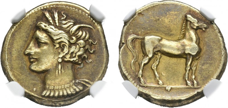 CARTAGO. Estátera. 310-270 a.C. Zeugitania. A/ Cabeza de Tanit a izquierda, con ...