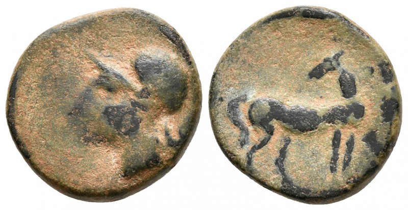 CARTAGONOVA. 1/2 Calco. 220-215 a.C. Cartagena (Murcia). A/ Cabeza de Ares a izq...