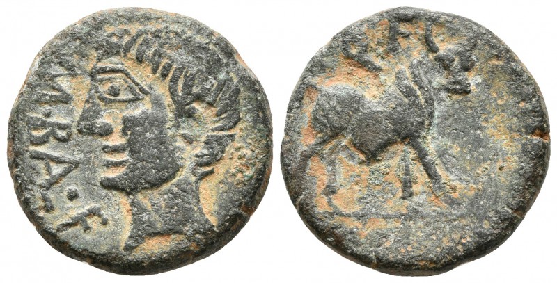 CASTULO. Semis. 180 a.C. Cazlona (Jaén) A/ Cabeza masculina a izquierda, delante...