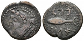 GADES. Semis. 100-20 a.C. Cádiz. A/ Cabeza de Hércules con piel de león a izquierda, detrás clava. R/ Atún a izquierda, encima y debajo leyenda púnica...