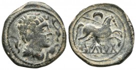 ILTIRTA. Semis. 220-200 a.C. Lleida (Cataluña). A/ Cabeza masculina con collar y manto a derecha, alrededor tres delfines. R/ Caballo con rienda suelt...