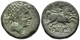 SAITI. As. 120-20 a.C. Xátiva (Valencia). A/ Cabeza masculina con manto y fíbula anular a derecha, detrás palma. R/ Jinete con lanza a derecha, debajo...