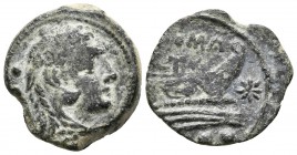 ACUÑACIONES ANONIMAS. Quadrans. Siglo II a.C. Ceca incierta. A/ Cabeza de Hércules con piel de león a derecha, detrás tres puntos. R/ Proa a derecha, ...