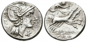 L. FLAMINIUS. CHILO. Denario. 109-108 a.C. Norte de Italia. A/ Busto de roma a derecha, delante signo de valor X. R/ Victoria guiando viga a derecha y...