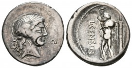 L. MARCIUS CENSORIUS. Denario. 82 a.C. Roma. A/ Cabeza de Apolo laureado a derecha. R/ Sátiro Marsyas a izquierda con el brazo derecho levantado y sob...