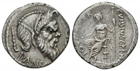 C. VIBIUS C. F. C. N. PANSA CAETRONIANUS. Denario. 48 a.C. Roma. A/ Máscara barbada de Pan a derecha, detrás pedum, debajo PANSA. R/ Júpiter Axurus se...