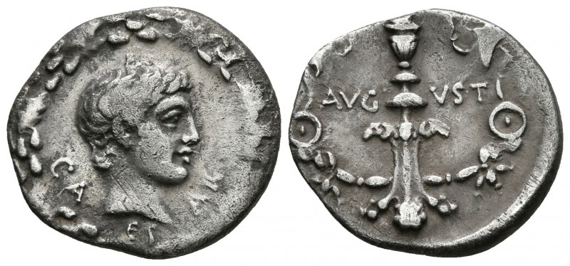 OCTAVIO como AUGUSTO. Denario. 17 a.C. Ceca incierta. A/ Cabeza desnuda a derech...