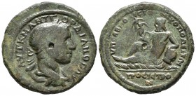 GORDIANO III. Sabinus Modestus, legatus consularis. Ae28. 238-244 d.C. Moesia inferior. Nikopolis. A/ Busto laureado y drapeado a derecha. R/ Dios del...