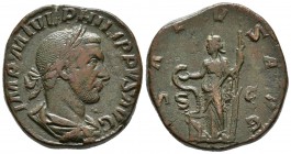 FILIPO I. Sestercio. 244-249 d.C. Roma. A/ Busto laureado y drapeado a derecha. IMP M IVL PHILIPPVS AVG. R/ Salus estante a izquierda portando cetro l...