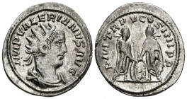 VALERIANO I. Antoniniano. 257 d.C. Antiochia. A/ Busto radiado y drapeado con coraza a derecha. IMP VALERIANVS AVG. R/ Valeriano y Galieno, uno frente...