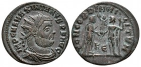 MAXIMIANO. Antoniniano. 295-299 d.C. Cyzicus. A/ Busto radiado y con coraza a derecha. IMP C M A MAXIMIANVS PF AVG. R/ Júpiter estante a izquierda por...