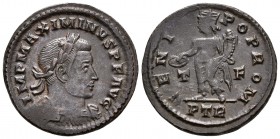 MAXININO II. Follis. 310-313. Treveri. A/ Busto laureado con coraza a derecha. IMP MAXIMINVS P F AVG. R/ Genio estante a izquierda portando pátera y c...