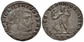 LICINIO I. Follis. 312-313 d.C. Thessalónica. A/ Busto laureado y con coraza a derecha. IMP LIC LICINIVS P F AVG. R/ Júpiter estante a izquierda soste...