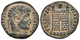 CONSTANTINO I. Follis. 329-330 d.C. Antioquía. A/ Busto diademado a derecha. CONSTANTINVS AVG. R/ Puerta de campamento con dos almenas, encima estrell...