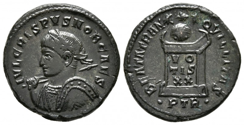 CRISPO. Follis. 322-323 d.C. Treveri. A/ Busto laureado con coraza a izquierda p...
