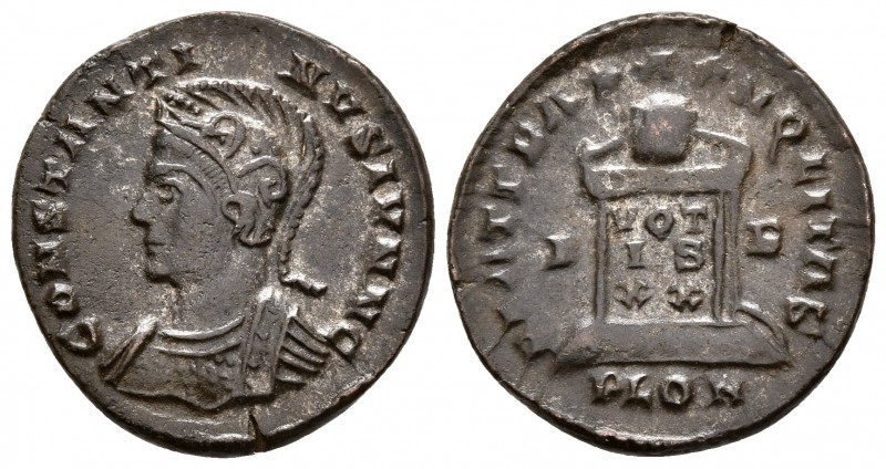 CONSTANTINO II. Follis. 323-324 d.C. Londinum. A/ Busto con casco y coraza a izq...