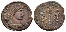 DELMACIO. Follis. 336-337 d.C. Roma. A/ Busto laureado y drapeado con coraza a derecha. F L DELMATIVS NOB C. R/ Dos soldados con lanza y entre ellos e...