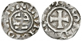 BISBE FRODOI. Diner de imitación carolingia. (870-890) Comtat de Barcelona. A nombre de CARLVS. Cru.V.S. 11; Balaguer 11var; Cru.C.G. 1808d. Ar. 1,06g...