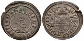 FELIPE IV. 16 Maravedís. 1663. Segovia BR. Cal-1512; J.S. M 527. Ae. 3,65g. Doblez del metal. EBC.