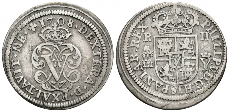 FELIPE V. 2 Reales. 1708. Segovia Y. Palma izquierda sobre derecha. Cal-1381. Ar...