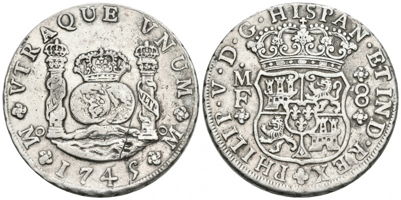 FELIPE V. 8 Reales. 1745. México MF. Columnario. Cal-798. Ar. 26,66g. Raya en re...