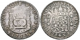 FERNANDO VI. 8 Reales. 1753. México MF. Columnario. Cal-331. Ar. 26,98g. Pátina. MBC.