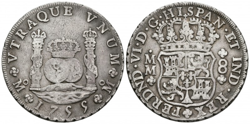 FERNANDO VI. 8 Reales. 1755. México MM. Columnario. Cal-338. Ar. 26,99g. Pátina....