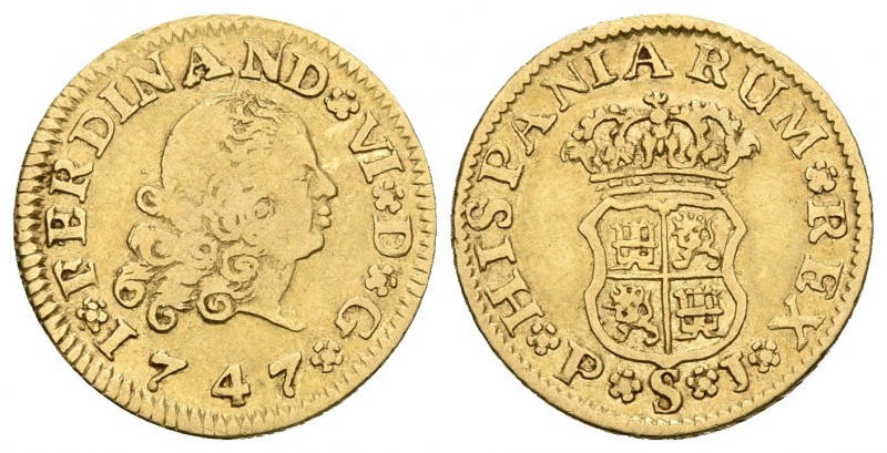 FERNANDO VI. 1/2 Escudo. 1747. Sevilla PJ. Cal-260. Au. 1,76g. BC+/MBC-.