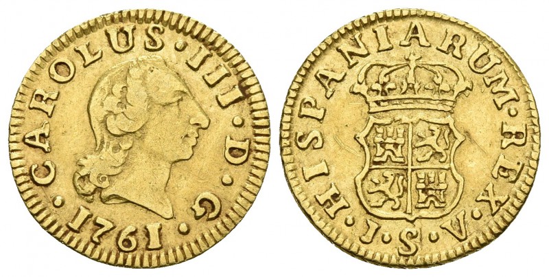 CARLOS III. 1/2 Escudo. 1761. Sevilla JV. Cal-785. Au. 1,76g. MBC-.